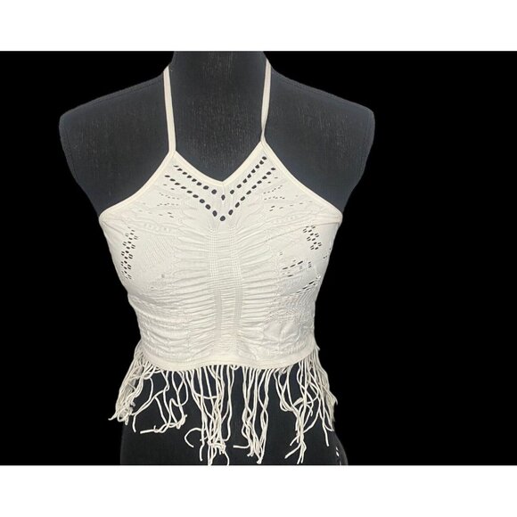 Intimately Free Women Fringe Halter Crop Top Tie Neck Sz XS Ivory Summer 7-14 - Picture 2 of 9